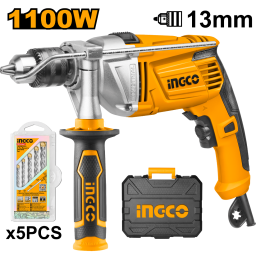 TALADRO 13MM INGCO C VALIJA + 5 MECHAS PERCUTOR INDUSTRIAL 1100W