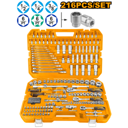 JUEGO DE DADOS, PUNTAS Y LLAVES 216PCS 14-12-38 - HKTHP22161