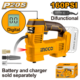 COMPRESOR DE AIRE A BATERIA 160PSI 11BAR 20V P20S SBAT CACLI2012 INGCO