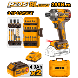 ATORNILLADOR DE IMPACTO 285NM 20V BATERIA P20S + JUEGO 31 PUNTAS Y DADOS C BAT Y VALIJA INGCO COSLI240966