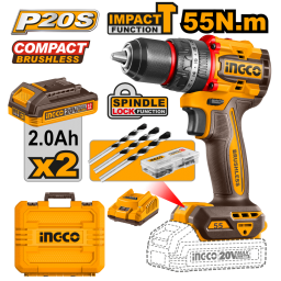 ATORNILLADOR PERCUTOR COMPACT A BATERIA 20V P20S 55NM CON 2X2AH BAT VALIJA Y MECHAS INGCO CIDLI20558 