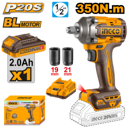 LLAVE DE IMPACTO A BATERIA 350 NM 20V P20S 12 BRUSHLESS MOTOR CON BAT + CARGADOR + SET DADOS INGCO CIWLI20351