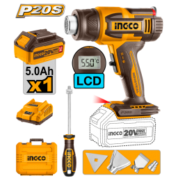 PISTOLA DE CALOR A BATERA 5.0AH 20V P20S CBATERIA + CARGADOR + VALIJA + ACCESORIOS INGCO HGLI20035