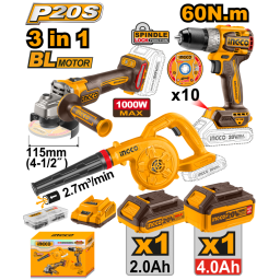 KIT COMBO A BATERIA P20S 20V AMOLADORA + TALADRO + SOPLADORA C2 BATERIAS, CARGADOR Y ACCESORIOS INGCO COSLI241192