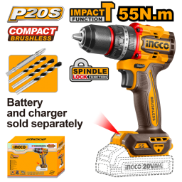 TALADRO ATORNILLADOR CPERCUTOR A BATERIA 20V P20S BRUSHLESS 55NM CON ACCESORIOS, SBAT Y SCARG  INGCO CIDLI205581