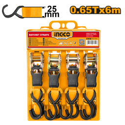 CINTA CATRACA SUJECION 0.65 TON 25MM 6M C/4PCS Y GANCHO "S" INGCO HRSP065607
