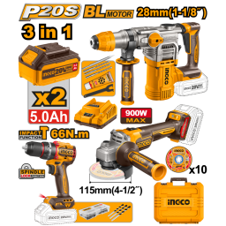 KIT COMBO A BATERIA P20S 20V CTALADRO ATORNILLADOR CPERCUTOR + AMOLADORA + ROTOMARTILLO C2 BATERIAS, CARGADOR, ACCES