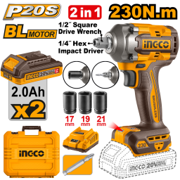 LLAVE Y ATORNILLADOR DE IMPACTO A BATERA 20V P20S 230NM C2BAT, CARGADOR, 3 DADOS 17,19,21MM + PUNTA Y VALIJA INGCO CIW