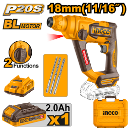ROTOMARTILLO A BATERA 20V P20S SDS PLUS 1.8J + 3 MECHAS, CBATERA, CARGADOR Y VALIJA INGCO CRHLI201881