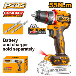TALADRO ATORNILLADOR A BATERA 20V P20S BRUSHLESS 55NM + 2 PUNTAS S/BAT, S/CARG INGCO CDLI205581
