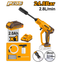 HIDROLAVADORA A BATERA 20V P20S 24.8BAR C/BATERA, CARGADOR + ACCESORIOS INGCO CPWLI20362