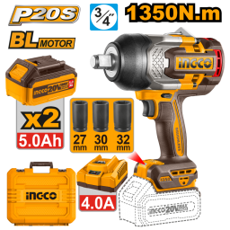LLAVE DE IMPACTO A BATERA 20V P20S 34 1350NM C2BATERAS, CARGADOR, VALIJA + 3DADOS 27, 30, 32MM INGCO CIWLI20135