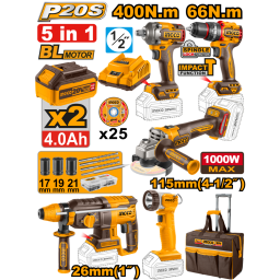 KIT A BATERA 20V P20S 5PCS BRUSHLESS MOTOR CBATERAS, CARGADOR, BOLSO Y ACCESORIOS INGCO CKLI2059 