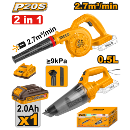 KIT A BATERA 20V P20S SOPLADORA + ASPIRADORA 0.5L CBATERA, CARGADOR Y ACCESORIOS INGCO COSLI240998