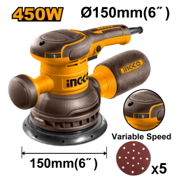 LIJADORA ROTO ORBITAL ELECTRICA 150MM 450W CON 5 LIJAS INGCO RS4516