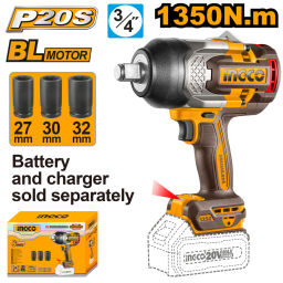 LLAVE DE IMPACTO A BATERIA BRUSHLESS 3/4" 1350NM P20S 20V + 3 DADOS 27,30,32MM S/BAT S/CARG INGCO CIWLI201351
