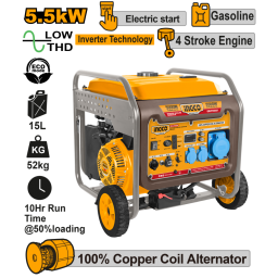 GENERADOR GASOLINA INVERTER 5.5KW 220V 50HZ ONDA PURA C/ DISPLAY DIGITAL, MODO ECO Y ARRANQUE ELECTRICO INGCO GEIF65006
