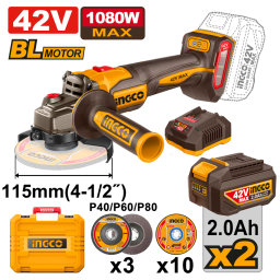 AMOLADORA ANGULAR A BATERIA BRUSHLESS 42V 115MM 4-1/2" C/ 2 BAT 2.0AH + CARGADOR + ACCESORIOS + VALIJA INGCO CAGLI410811