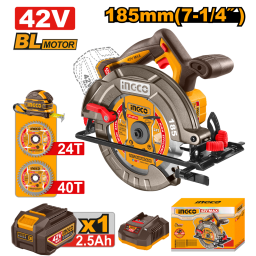 SIERRA CIRCULAR A BATERIA 42V BRUSHLESS 185MM C/ BATERIA 2.5AH + CARGADOR  + ACCESORIOS INGCO CSLI4218511