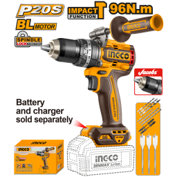 TALADRO ATORNILLADOR C/PERCUTOR A BATERIA BRUSHLESS 20V 96NM + ACCESORIOS, S/CARG S/BAT INGCO CIDLI209685