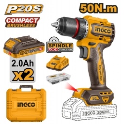 TALADRO ATORNILLADOR  A BATERIA 20V 50NM CON 2 BAT 2.0AH + CARGADOR + ACCESORIOS + VALIJA INGCO CDLI205062