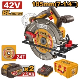 SIERRA CIRCULAR A BATERIA 42V 185MM + 2 BATERIA 2.5AH + CARGADOR + VALIJA INGCO CSLI4214012