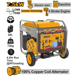 GENERADOR A GASOLINA INVERTER 7.5KW 220V 50HZ C/DISPLAY DIGITAL, MODO ECO Y ARRANQUE MANUAL / ELECTRICO INGCO GEIF75001