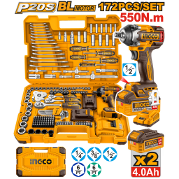 KIT SET 172 HERRAMIENTAS COMBINADAS + LLAVE DE IMPACTO A BATERIA 550NM 20V + 2 BAT 4.0AH + CARGADOR + VALIJA INGCO HKTHP